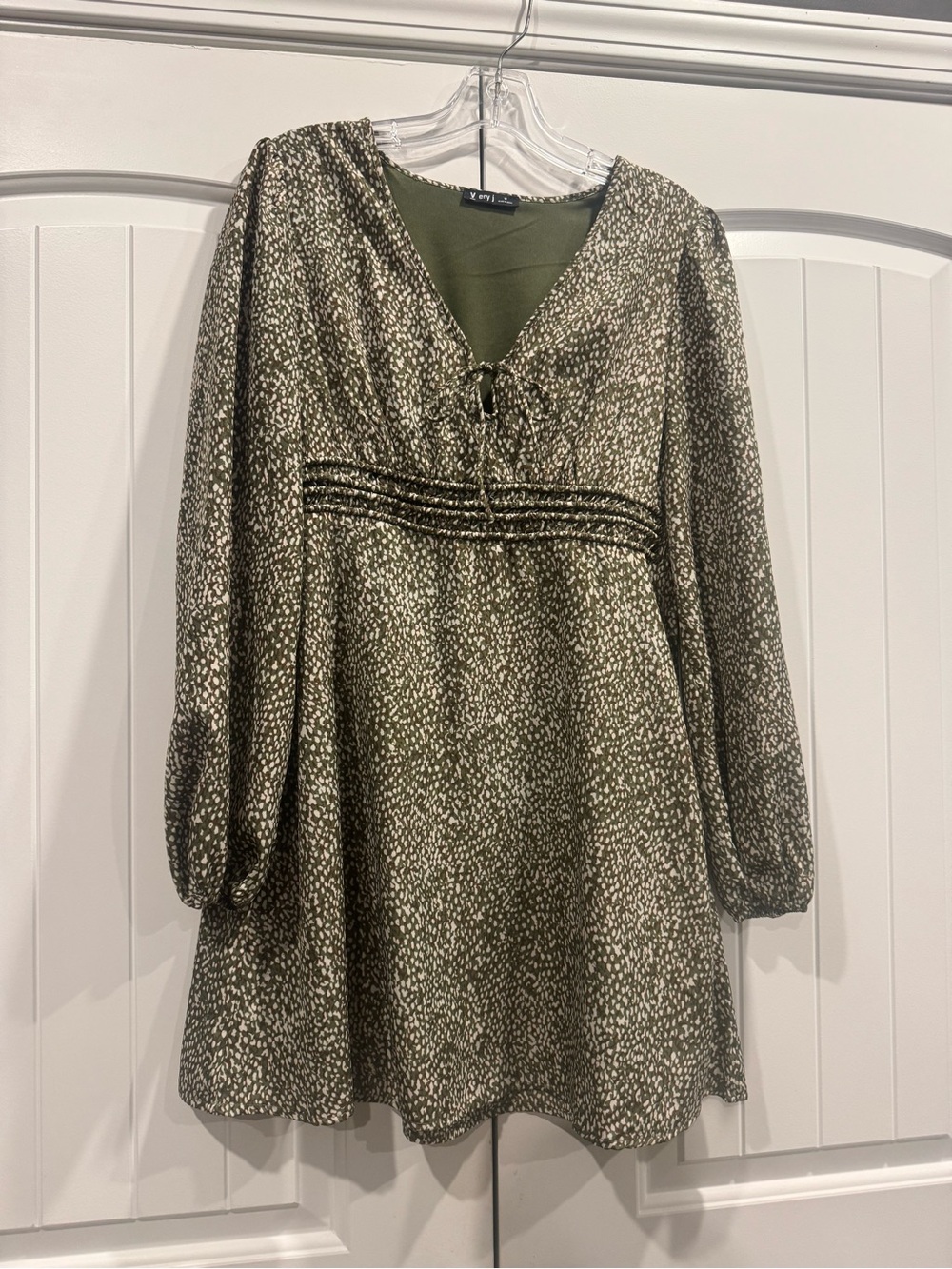 Olive Green Printed Long-Sleeve Casual Empire Dress
